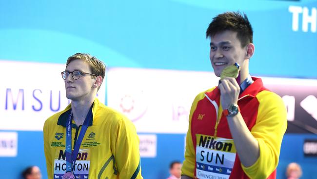 Mack Horton (L) finished second to banned drug cheat Sun Yang at last year’s world championships. Picture: Quinn Rooney/Getty