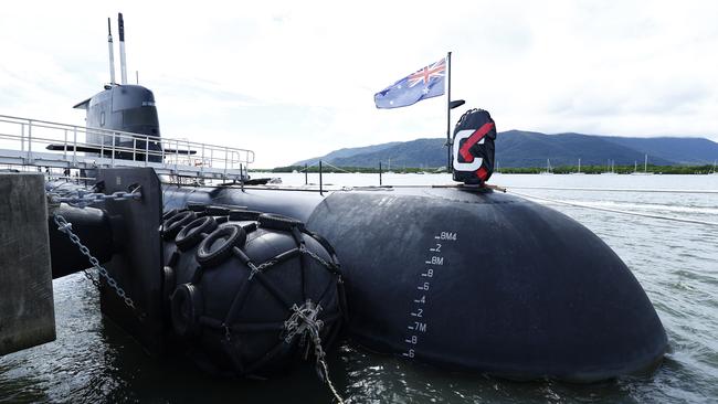 The Royal Australian Navy Collins-class submarine HMAS Dechaineux has surfaced in Cairns for the first time, with the navy allowing school students interested in a career with the Australian Defence Force to tour the ship. Picture: Brendan Radke