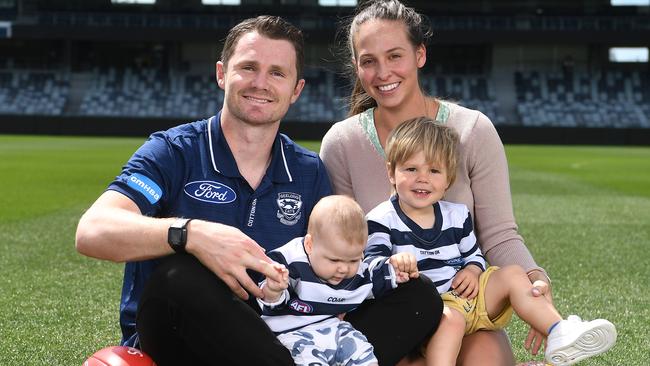 Patrick Dangerfield, pictured with wife Mardi, son George and daughter Felicite says the AFL must have a plan to keep players with their families during the Covid crisis. Picture: AAP