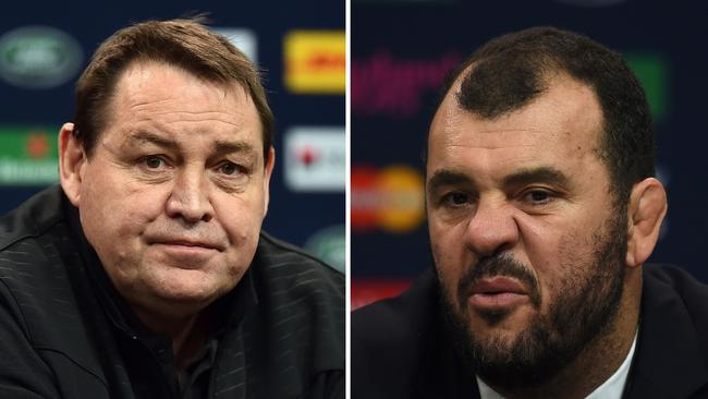 Michael Cheika (R) has been targeted by All Blacks coach Steve Hansen a week out from the opening Bledisloe match.