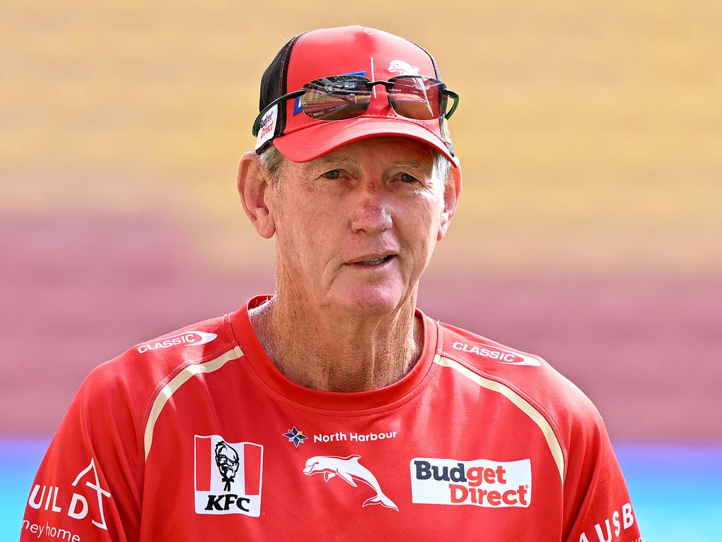 BRISBANE, AUSTRALIA - MARCH 23: Coach Wayne Bennett is seen during a Dolphins NRL training session at Suncorp Stadium on March 23, 2023 in Brisbane, Australia. (Photo by Bradley Kanaris/Getty Images)