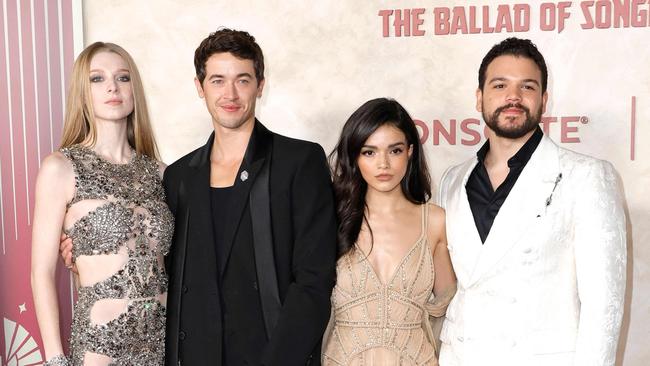 Hunter Schafer, Tom Blyth, Rachel Zegler and Josh Andres Rivera at The Hunger Games: The Ballad Of Songbirds &amp; Snakes" Los Angeles Premiere last week. Picture: Frazer Harrison/Getty Images/AFP