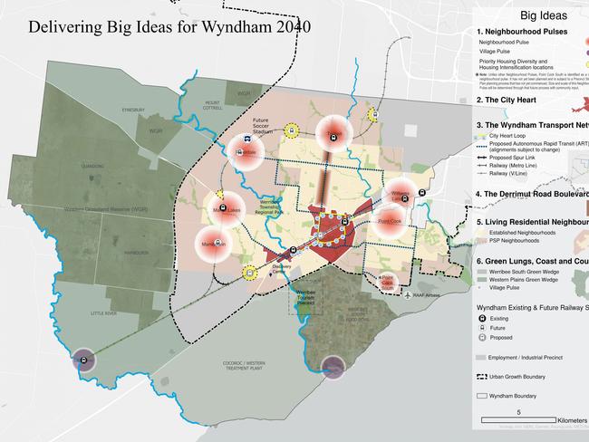 The map of the Wyndham Plan. Seven 'pulse suburbs' have been chosen to complement the development of a city centre by 2040.