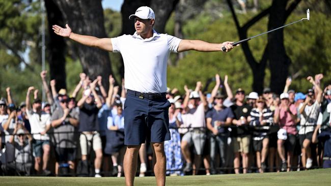 Brooks Koepka celebrated a birdie on the 12th green during day three of Liv Golf Adelaide at The Grange Golf Course. Picture: Mark Brake