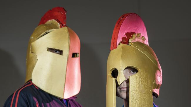 Raunak Raunak and Vladimir Vojnovic with helmets they have made. Picture: Matthew Vasilescu