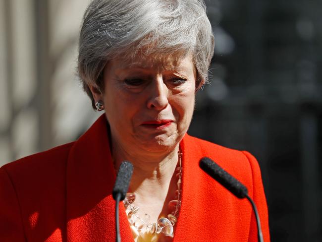 Theresa May announces her resignation in 2019 after a party mutiny. Picture: AFP