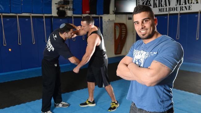(L-R) Benji Szafran (instructor), Gul Pohatu (pro fighter) and Avraham Yemini at IDF Training, Caulfield. Avraham Yemini owns and founded a self defence training centre IDF Training in Caulfield. He's experienced a massive spike in interest for his Krav Maga self defence training since the Gaza conflict escalated. He's holding a free workshop. Picture: Josie Hayden