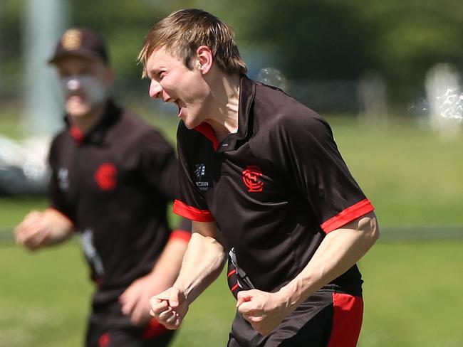 Liam Bowe of Essendon celebrates after taking the wicket of Harrison Smyth of Carlton during Premier Cricket: Carlton v Essendon on Saturday, October 5, 2019, in Carlton, Victoria, Australia. Picture: Hamish Blair