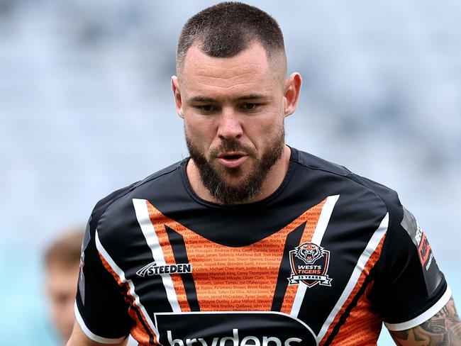 SYDNEY, AUSTRALIA - MAY 04: David Klemmer of the Tigers  warms up prior to the round nine NRL match between Canterbury Bulldogs and Wests Tigers at Accor Stadium, on May 04, 2024, in Sydney, Australia. (Photo by Brendon Thorne/Getty Images)