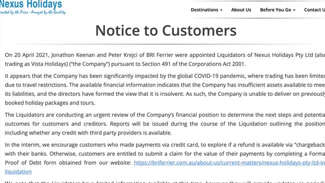 Notice to customers on Nexus Holidays website, April 2021