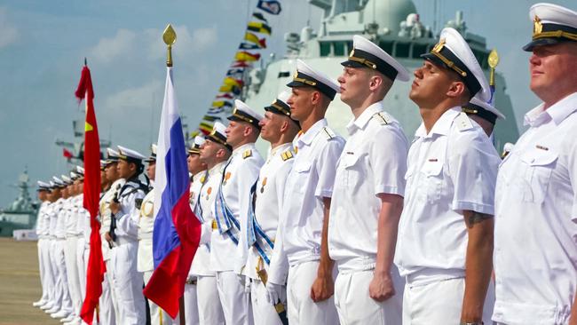 A grab taken from a handout footage released by the Russian Defence Ministry on July 15, 2024, shows Russian and Chinese sailors taking part in the opening ceremony of a joint maritime exercises at a port in Zhanjiang in China's southern Guangdong province. (Photo by Handout / Russian Defence Ministry / AFP) / RESTRICTED TO EDITORIAL USE - MANDATORY CREDIT "AFP PHOTO / Russian Defence Ministry" - NO MARKETING NO ADVERTISING CAMPAIGNS - DISTRIBUTED AS A SERVICE TO CLIENTS