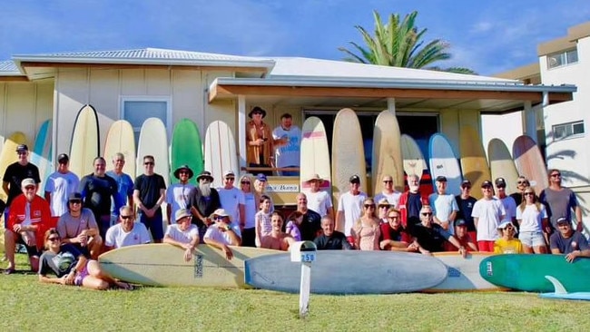 The Alexandra Headland Malibu Club members with Allan 'Clarkie' Clarke at Bunya Bunya. Photo: Simon Green