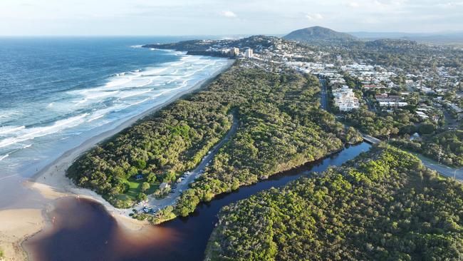 Aerial view of Stumers Creek at Coolum Beach on the Sunshine Coast in the late afternoon. Picture: Brendan Radke