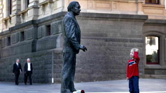 The statue of Sir Rupert Hamer at Melbourne’s Treasury Place. Picture: Picture Kelly Barnes.