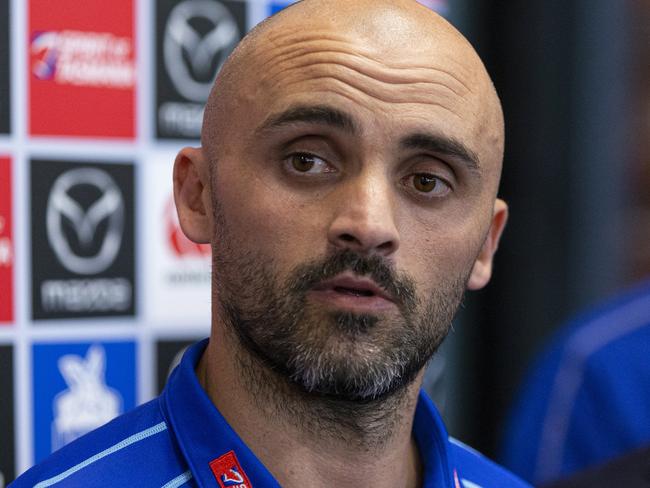 North Melbourne interim coach Rhyce Shaw speaks to the media during a North Melbourne Kangaroos training session at Arden Street Oval in Melbourne, Tuesday, May 28, 2019.  (AAP Image/Daniel Pockett) NO ARCHIVING