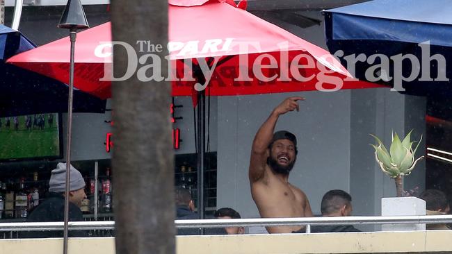 Hijinks get wilder as Bulldogs players draw attention to their nude bravado. Picture: Toby Zerna