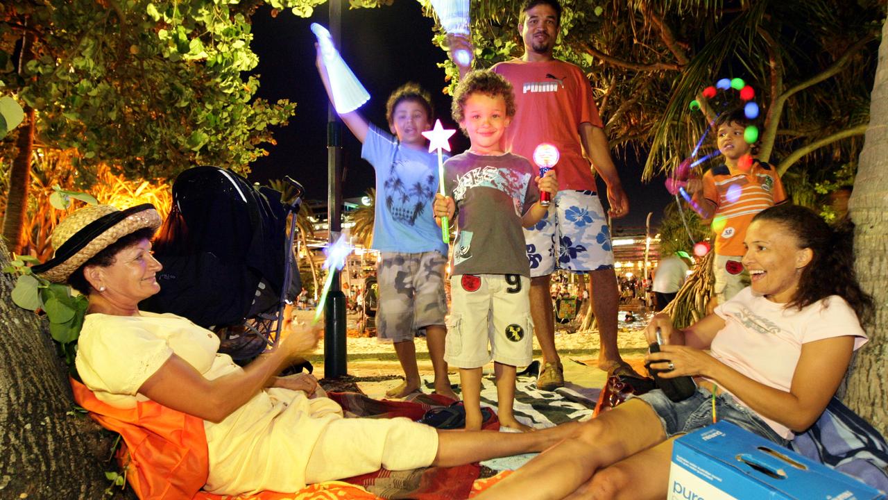 Grandmother Margot Barth, with her family (ages at the time) Zhaydan Van Wyk, 9, Jerren Van Wyk, 5, father Raymond Van Wyk, Xander Van Wyk, 5, and mother Olga Van Wyk, who had recently moved to Australia from Namibia. Pictured at Brisbane's South Bank on New Year's Eve 2008. Photo: Courier Mail archives