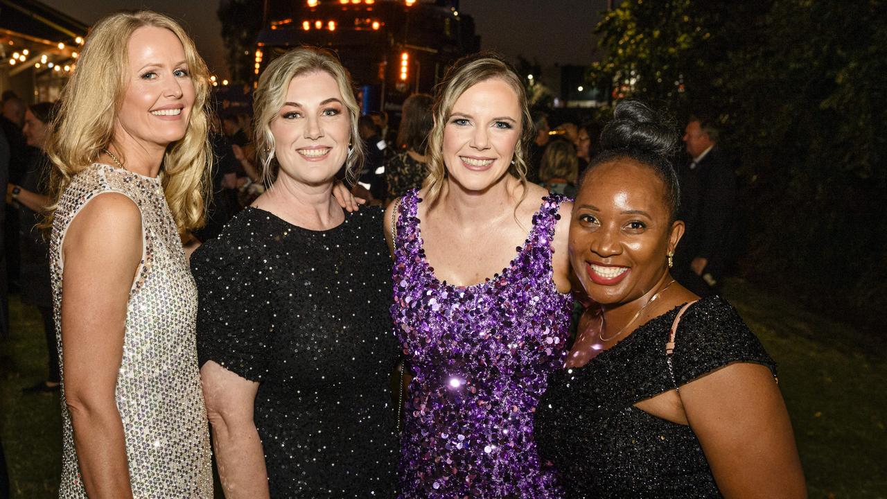 At the LifeFlight Toowoomba Gala are (from left) Nat Miller, Jenna Goleby, Erika Missingham and Julliana Kanyowa at The Goods Shed, Saturday, May 24, 2025. Picture: Kevin Farmer