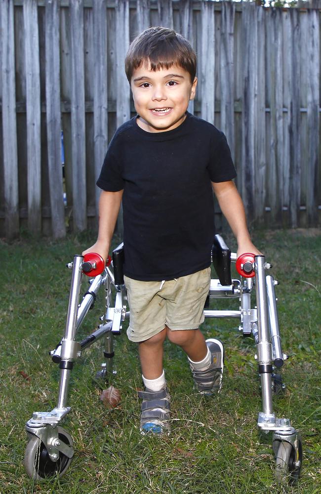 Reef Scoble with his walker. Picture: Tertius Pickard