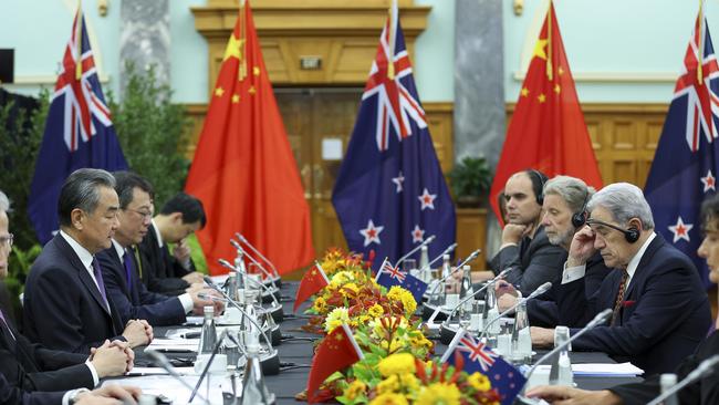 New Zealand Foreign Affairs Minister Winston Peters and Chinese Foreign Affairs Minister Wang Yi meet for a bilateral meeting in Wellington. Picture: Getty Images.