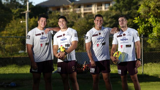 Marsden alumni Syd Smith, Sam Lavea, Jaydn Sua and Corey Allan in 2016 at the Broncos. Pic: Josh Woning.