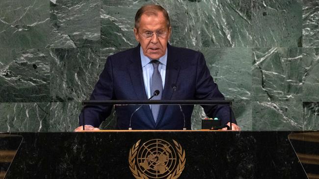 Sergei Lavrov addresses the UN General Assembly in New York City on Saturday. Picture: AFP