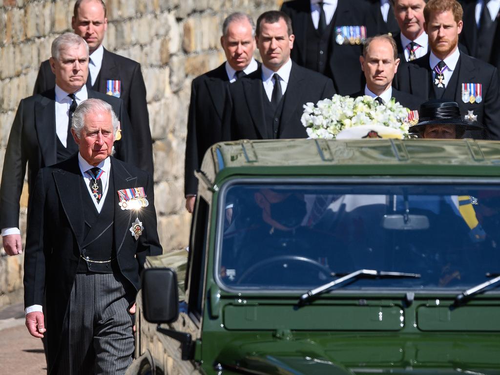 Prince Charles and Prince Harry are pictured walking behind Prince Philip’s coffin at the funeral. Picture: Leon Neal/WPA Pool/Getty Images