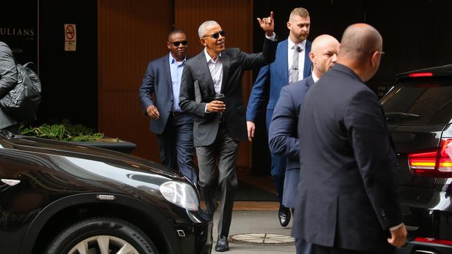 Former US President Barack Obama says hello to fans in Sydney ahead of a speaking tour. Picture: NCA NewsWire / Gaye Gerard.