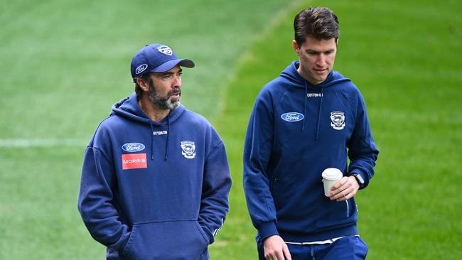 Geelong coach Chris Scott and general manager Andrew Mackie. Picture: Quinn Rooney/Getty Images.