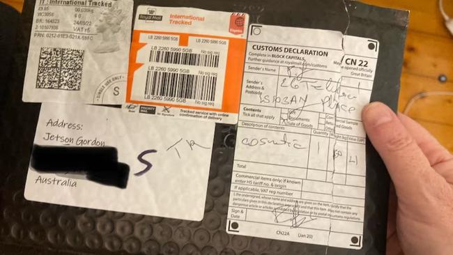 Jetson Gordon died after taking a pill shipped in this package from the UK. Picture: Supplied