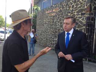 Spokesman for Gasfield Free Northern Rivers, Ian Gaillard, confronts NSW Minister for Resources and Energy, Anthony Roberts, outside Richmond Valley Council Chambers. Picture: Hamish Broome