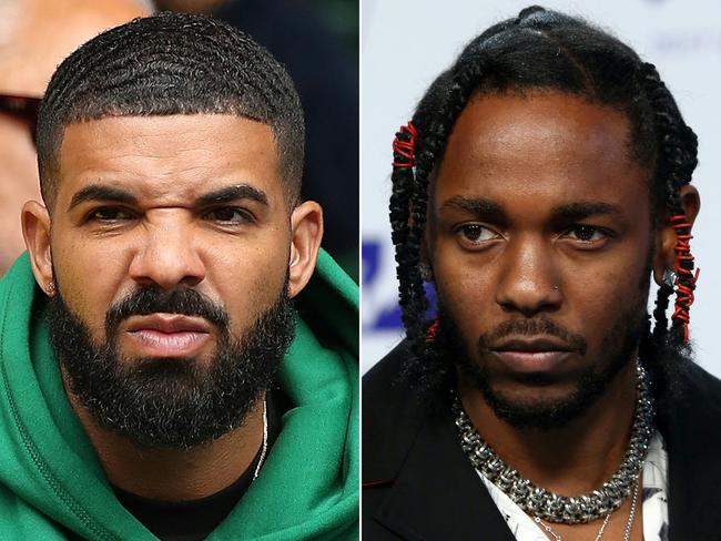 (COMBO) This combination of pictures created on January 15, 2025 shows Rapper Drake sitting on Centre Court before US player Serena Williams plays against Italy's Camila Giorgi during their women's singles quarter-final match on the eighth day of the 2018 Wimbledon Championships at The All England Lawn Tennis Club in Wimbledon, southwest London, on July 10, 2018. and recording artist Kendrick Lamar arriving at the MTV Video Music Awards 2017, in Inglewood, California, on August 27, 2017. Drake on January 15, 2025, filed suit against his own label, saying that Universal Music Group's release and promotion of a Kendrick Lamar track dissing him amounted to defamation and harassment. UMG represents both Drake and Lamar, two rappers who last year exchanged a litany of increasingly vitriolic diss tracks. (Photo by Daniel LEAL and TOMMASO BODDI / AFP) / RESTRICTED TO EDITORIAL USE