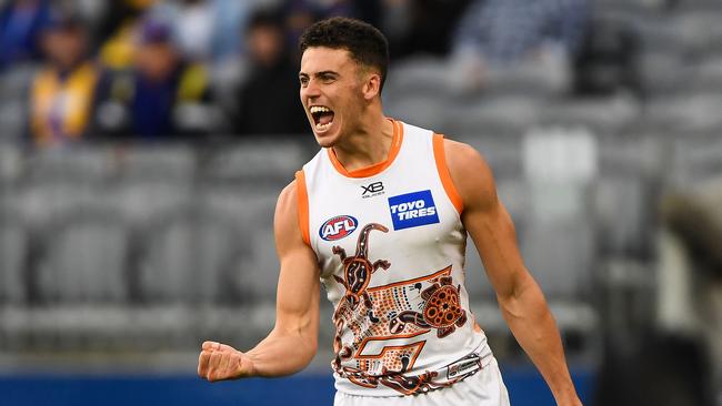 PERTH, AUSTRALIA – AUGUST 23: Jake Riccardi of the Giants celebrates a goal during the 2020 AFL Round 13 match between the West Coast Eagles and the GWS Giants at Optus Stadium on August 23, 2020 in Perth, Australia. (Photo by Daniel Carson/AFL Photos via Getty Images)