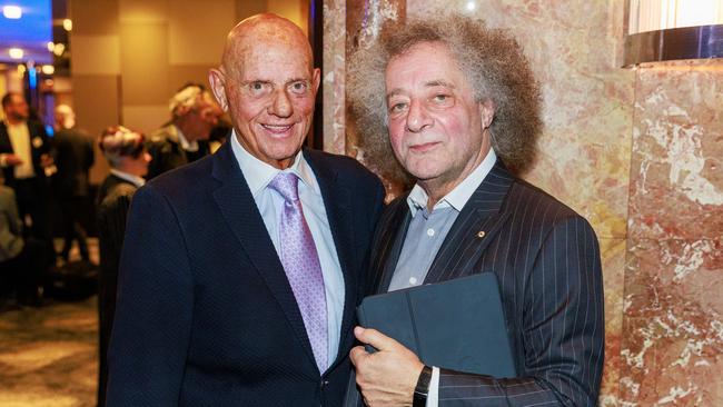 Solomon Lew with longtime friend, business ally and former Premier Investments director Gary Weiss at the Grand Hyatt in Melbourne. Picture: Aaron Francis/The Australian