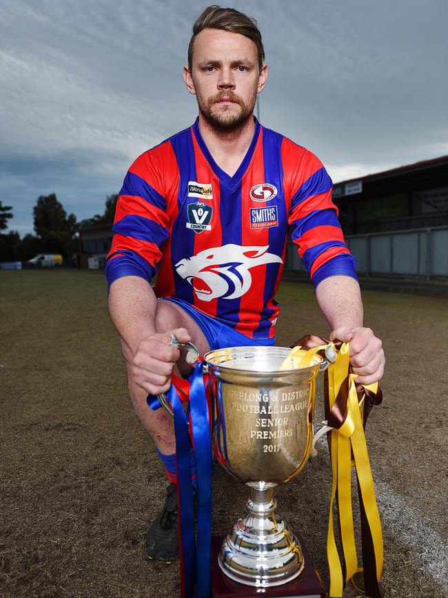 Bell Post Hill captain Cam Addie with the 2017 GDFL premiership cup before the grand final. Picture: Alan Barber