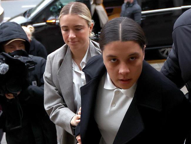 KINGSTON UPON THAMES, ENGLAND - FEBRUARY 3: Australian footballer Sam Kerr and partner Kristie Mewis arrive at Kingston Crown Court on February 3, 2025 in Kingston upon Thames, England. The Matildas star, who also plays professionally for Chelsea in the Women's Super League, is facing charges of "racially aggravated harassment" of a police officer related to an incident in Twickenham on January 30, 2023. (Photo by Peter Nicholls/Getty Images)