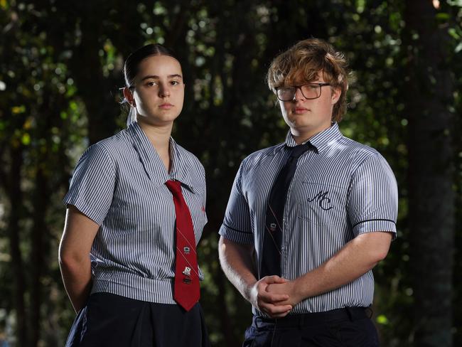 Expelled Mueller College students Genevieve Dunstan, 18, and Finn Glover, 17, Kippa-Ring. Picture: Liam Kidston