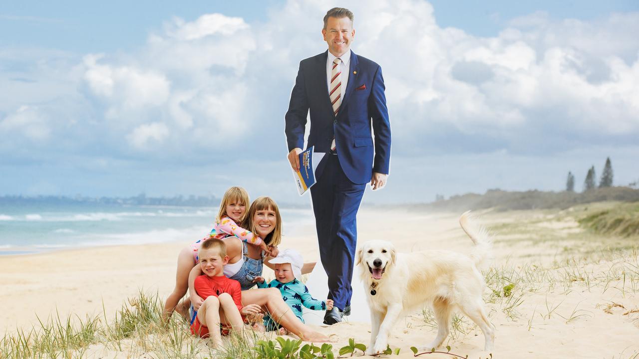 Kelly Hodges with children Charles, 5, Annabelle, 3, and Ted, six months, meet a reasonable facsimile of local MP Jarrod Bleijie. Picture: Lachie Millard