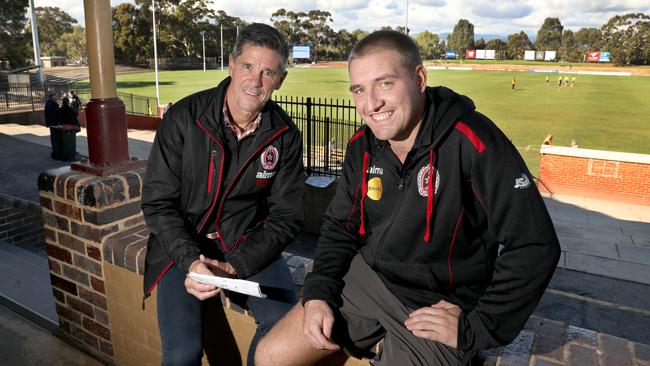 Rostrevor Old Collegians coach Adrian Rocco (left) and captain Will O'Malley at Thebarton Oval. Picture: AAP/Dean Martin.