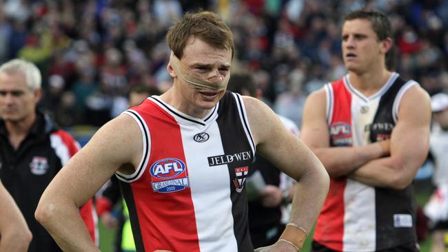 A shattered and bandaged Goddard after St Kilda’s 2009 Grand Final loss to Geelong.