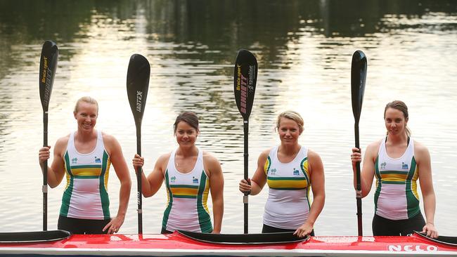 Jo Brigden-Jones, Alana Nicholls, Naomi Flood and Bernadette Wallace pose during an Australian Womens K4 Team Portrait Session on June 25, 2015 in Gold Coast, Australia. (Photo by Chris Hyde/Getty Images)