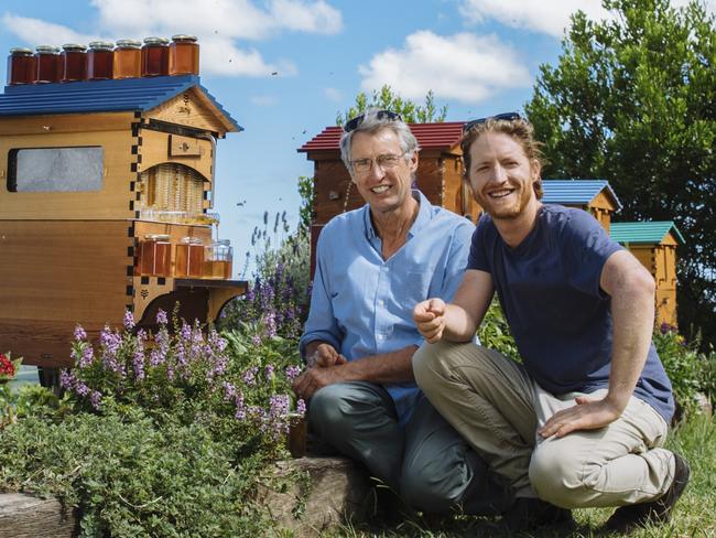 Flow-Hive co-inventors Stuart Anderson and Cedar Anderson with an updated version of their multi award-winning hive.