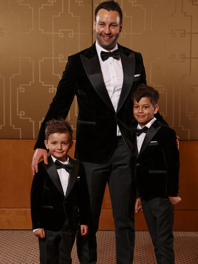 Jimmy Bartel with his sons Henley and Aston at the Australian Football Hall of Fame induction ceremony. Photo by Michael Klein.