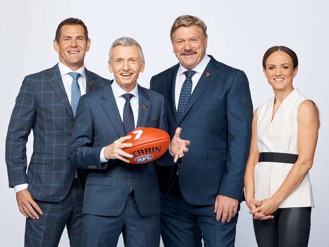 Luke Hodge, Bruce McAvaney, Brian Taylor and Daisy Pearce are  part of Channel 7's Footy commentary team in 2020.Picture: Channel 7