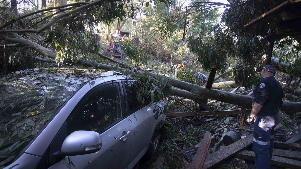 Country Fire Authority volunteer Shayne O'Dwyer checks on residents of Kalorama in the Dandenong Ranges following a devastating storm. Picture: Arsineh Houspian