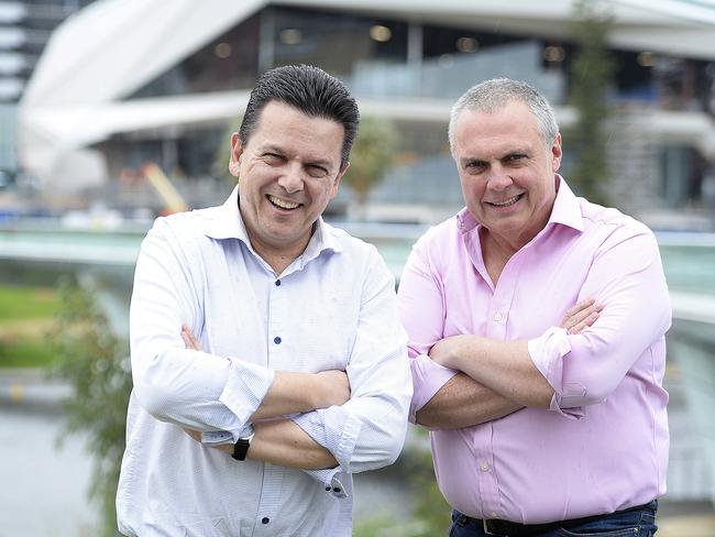 VOTERS’ CHOICE: Senator Nick Xenophon with his campaign director and Nick Xenophon Team candidate Stirling Griff, at the Adelaide Oval footbridge. Picture: Bianca De Marchi