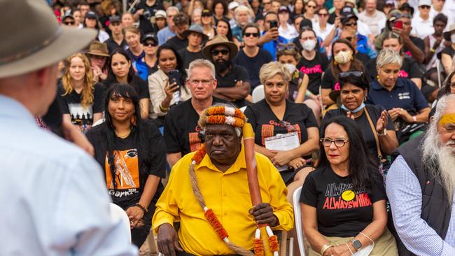 Prime Minister of Australia Anthony Albanese addresses Galarrwuy Yunupingu and crowd during Garma Festival 2022 at Gulkula. Picture: Tamati Smith/Getty Images