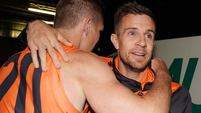 Brett Deledio of the Giants celebrates the win at the MCG