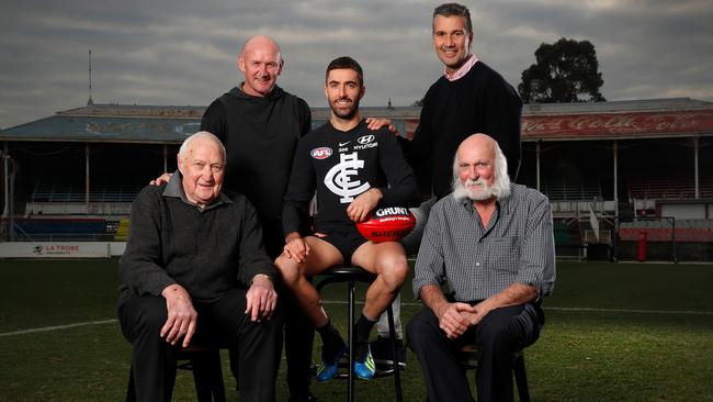 Carlton’s 300-game club (from left) John Nicholls, Craig Bradley, Kade Simpson, Stephen Silvagni and Bruce Doull. Picture: Michael Willson/AFL Media