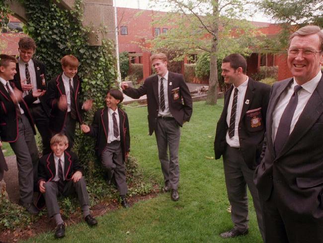 John Bednall, principal of The Hutchins School, Hobart, with school students. Tasmania / Education